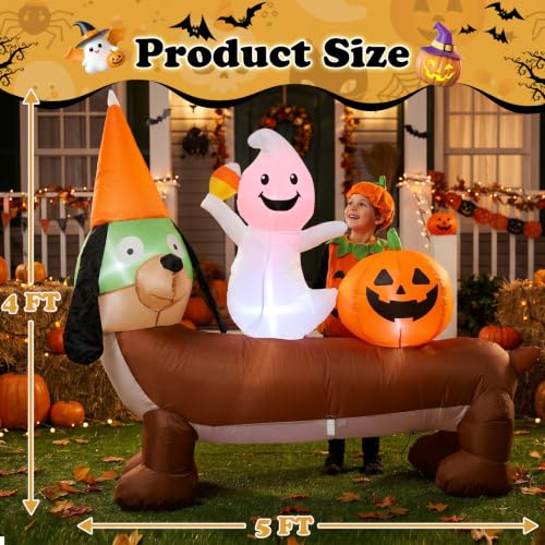 5FT Halloween Inflatable Dachshund and Ghost Yard Decoration - Waterproof & Easy Setup