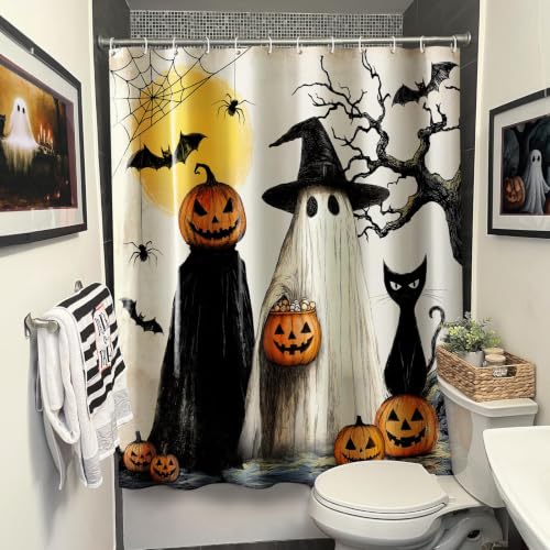 Halloween Fall Shower Curtain Set with Hooks - Rustic Witches Ghosts Pumpkins Black Cat Fabric Bathroom Decor 72x72
