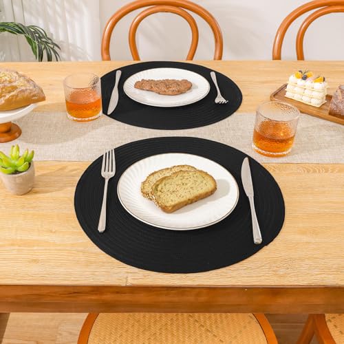 Black Round Placemats Set of 12 - Heavy Cotton Polyester Woven Table Mats