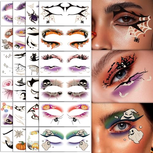 Glow in the Dark Halloween Luminous Eye Shadow Tattoos - 24 Pairs Spider Web Bat Design