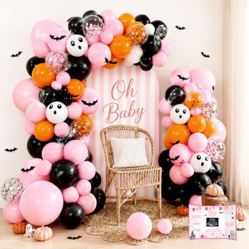 Pink Baby Shower Decorations Set - Halloween Ghost Theme, Cake Topper & Balloons