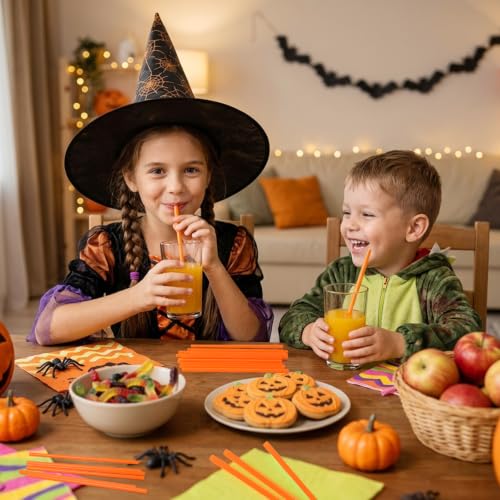 Orange Halloween Pumpkin Drinking Straws Bulk 60pcs - Party Beverage Accessories