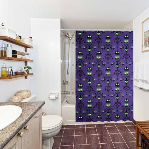 Halloween Purple Haunted House Shower Curtain - Spooky Skull & Pumpkin Design, Waterproof Fabric, 72 x 72 Inches