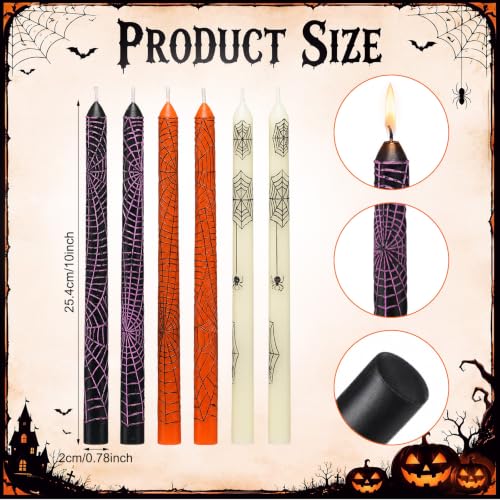 Halloween Spider Web Taper Candles Bulk Set - Spooky Decor, 10 Inch, 3 Colors