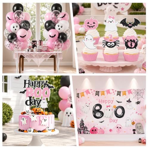 Pink Halloween Boo Day Party Decorations Kit for Spooky Birthday - Serves 20 with Banners Balloons Napkins Plates & Toppers - Variation: Pink