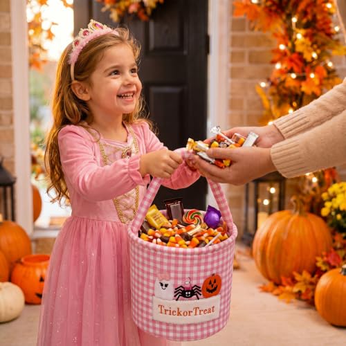 Pink Trick or Treat Halloween Candy Basket with Bow - Kids Gingham Tote