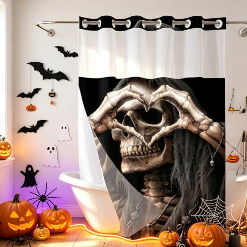 No Hook Halloween Skull Shower Curtain with Snap-In Liner - Gothic Skeleton Bathroom Decor - Axkl Variation