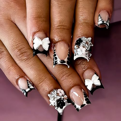 French Tip Press On Nails Short Square with Bow Star Charms Zebra Print Black & White 24Pcs