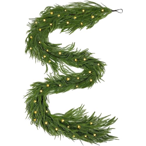 9 FT Norfolk Pine Garland with LED Lights - Artificial Greenery for Indoor Outdoor Decor