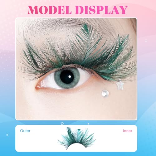Green Feather False Eyelashes for Halloween Cosplay - Extra Long, Wispy Look - Variation: Green-8234