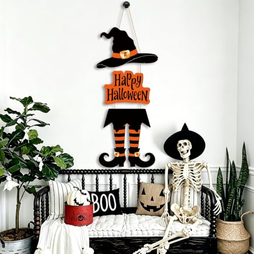 Large Orange Halloween Wooden Witch Door Wreath - Front Door Decor