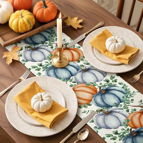 Artscope Fall Pumpkin Eucalyptus Leaves Table Runner 13x72 Inch - Orange Blue Thanksgiving Decor