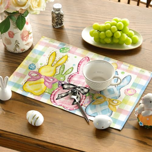 Colorful Buffalo Plaid Bunny Easter Placemats Set of 4 - 12x18 Yellow