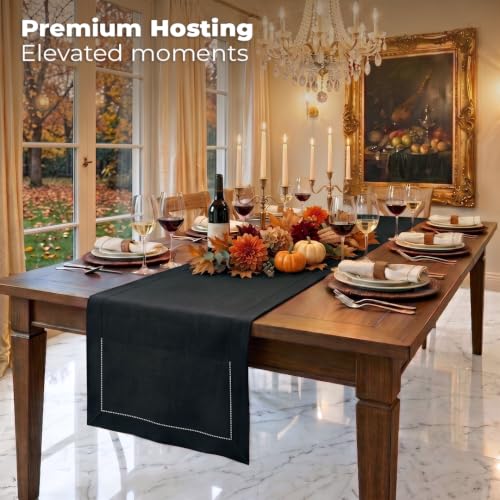 Black Linen Table Runner 14x84 Inches - Hemstitch, Pure European Flax