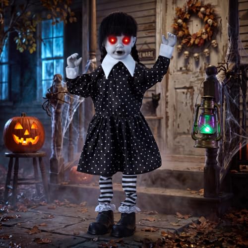 Sound-Activated Halloween Animatronic School Girl Decor - Creepy Ghost Doll with Glowing Eyes