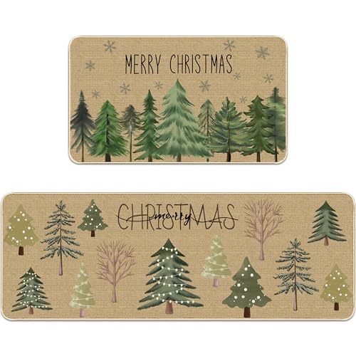 Christmas Kitchen Rugs Set of 2 - Merry Christmas Tree Farmhouse Floor Mats - Tree-01