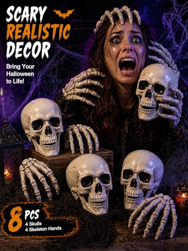 Halloween Skeleton Decorations Set with Skull Heads and Hands - 8 Pack Miniature Props for Haunted House & Yard Decor