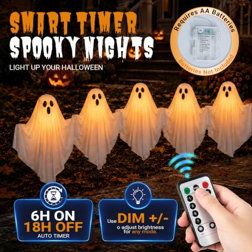 Halloween Lighted Ghost Stake Set - 5 Pack Outdoor Yard Decor with Remote & Timer