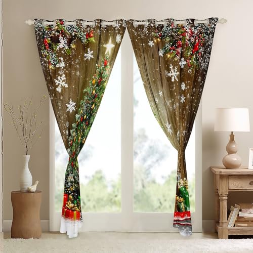 Blackout Christmas Tree Curtains Set - Snowflake Pattern, 42x84 Inches, Red Green Brown White, 2 Panels