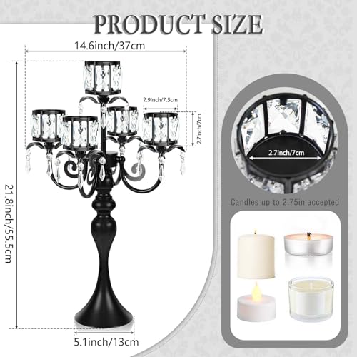 Crystal Candle Holder with Square Bowl - 22-Inch Black 5-Arm Centerpiece for Weddings & Events - Variation: Square-Crystal Bowl