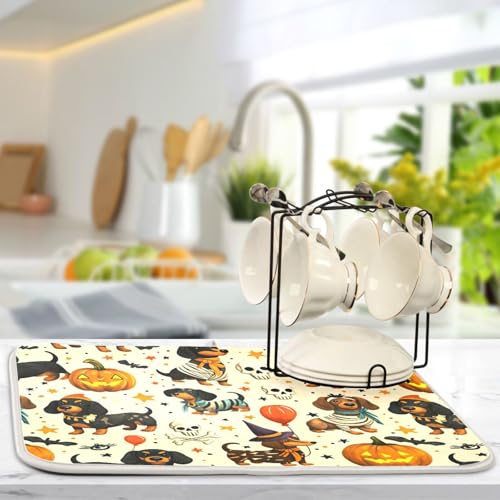 Halloween Dachshund Puppy Dog Pumpkin Dish Drying Mat - Multi 15/18 Inch