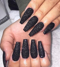 Long Black Glitter Coffin Press-On Nails Set - 12 Sizes with Glue & Stickers - Variation 08-Long Black Glitter