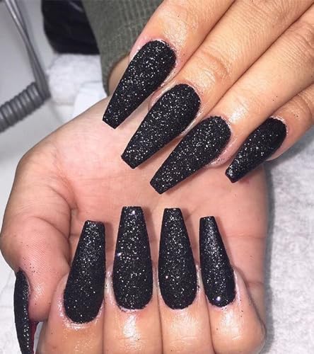 Long Black Glitter Coffin Press-On Nails Set - 12 Sizes with Glue & Stickers - Variation 08-Long Black Glitter