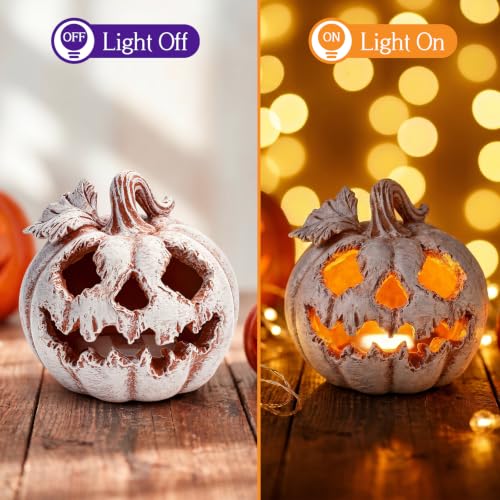 Gray 4.1 Inch Light Up Halloween Pumpkin Resin Jack O Lantern LED