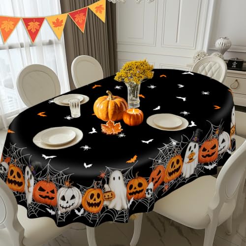 Black Halloween Pumpkin Ghost Oval Tablecloth 84x60 Inches - Festive Home Decor