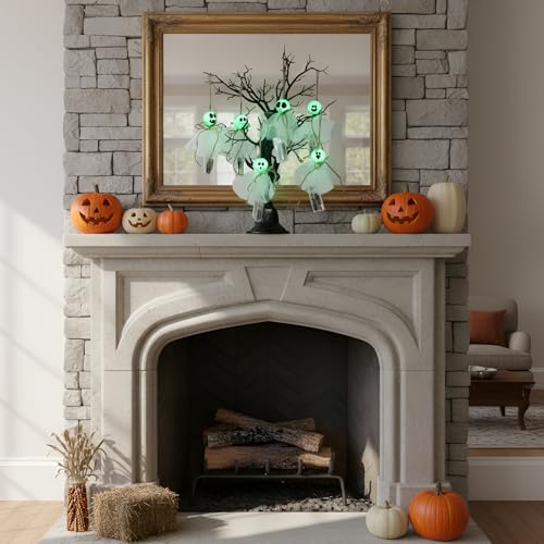 Halloween Hanging Ghost Decorations with LED Light - Green Light, 6 Pcs Indoor Outdoor