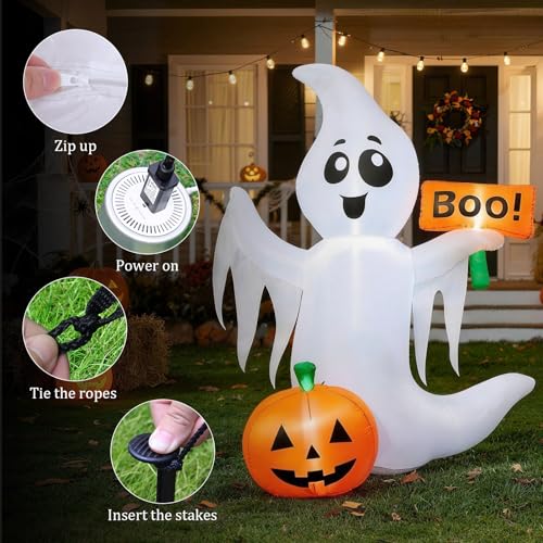 4.5FT Halloween Inflatable Ghost with LED Lights and Pumpkins - Outdoor Decoration