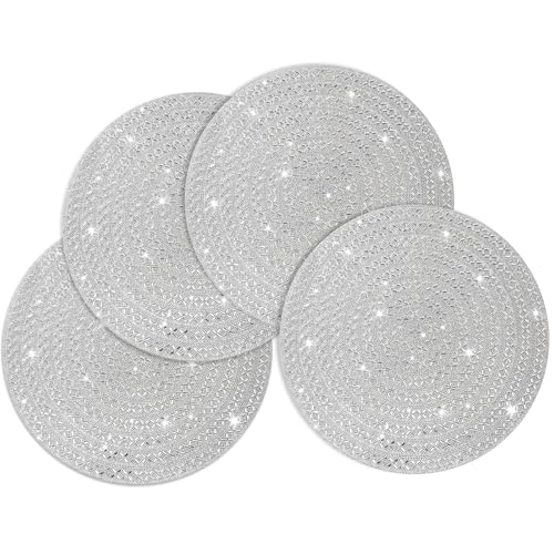 Silver Rhinestone Placemats Set of 4 - 15 Inch X Pattern Glass Table Decor - Silver-X-Pattern