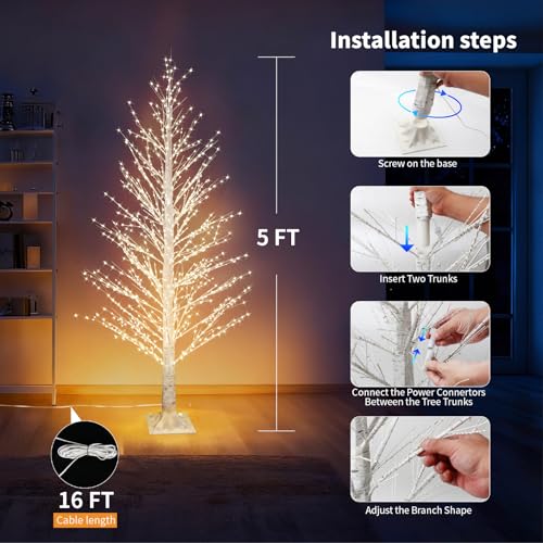 5FT Lighted Birch Tree with 945 LED Lights, Waterproof Indoor Outdoor Christmas Decor