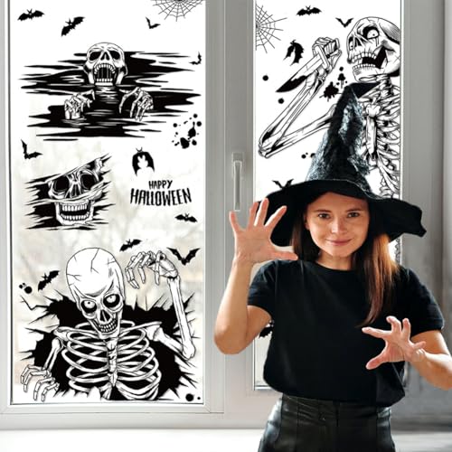 Halloween Window Clings Decorations Skeleton & Bat Stickers - White, 4 Sheets