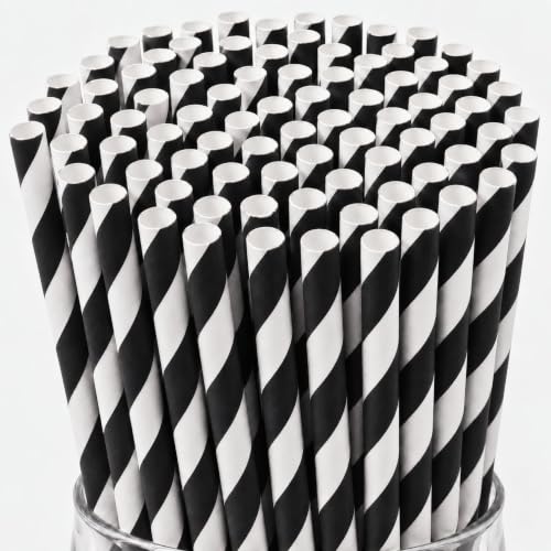 Black and White Striped Paper Straws - 100 Pack, 7.75 Inch Disposable Drinking Straws, Party & Event Use