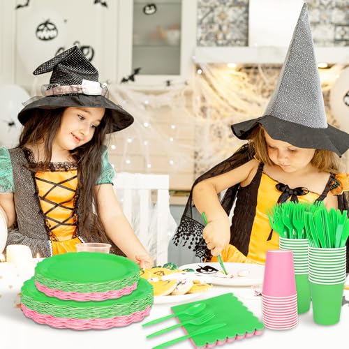 Halloween Witch Party Tableware Set for 50 Guests - Green & Pink Disposable Plates Cups Napkins Utensils
