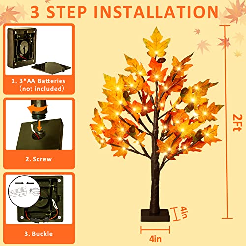 2-Pack 2FT Lighted Maple Tree Decor - Fall LED Thanksgiving Tabletop Lamp with 6 Acorns & Timer