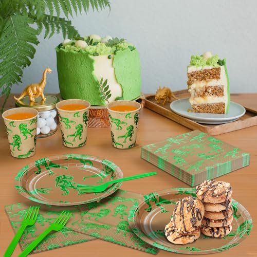 Green Foil Dinosaur Disposable Party Tableware Set for Kids Birthday, Serves 24