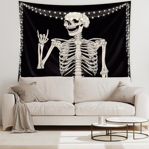 Skull Skeleton Wall Tapestry - Gothic Black & White Halloween Home Decor - 51x59 Inches