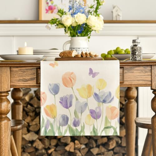 Watercolour Tulip Butterfly Table Runner 13 x 108 Inch Beige Spring Table Decor