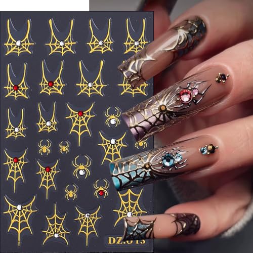 Halloween Nail Art Stickers Decals with Rhinestones - 4 Sheets with Spider Web & Goth Design - Variation 19