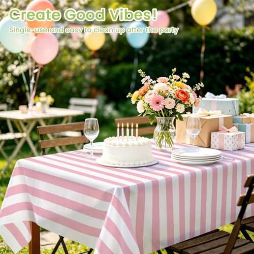 Pink and White Striped Tablecloth 54 x 108 Inch - 2 Pack, Rectangular Disposable Table Cover for Parties