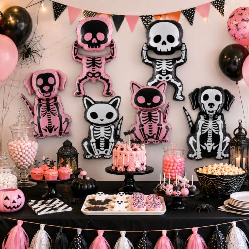 Halloween Skeleton Foil Balloons Set - 6 Black and Pink Skeleton Shape Decorations