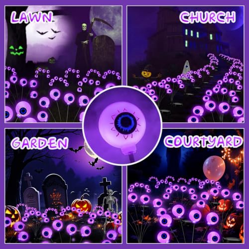 Solar Purple Eyeball Lights - Outdoor Halloween Yard Decor, Waterproof Swaying Firefly Scene Set