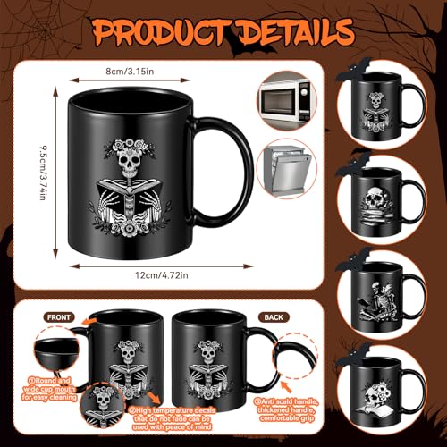 Potchen Skeleton Style Halloween Coffee Mug Set - Book Lover Gothic 12 oz Cups