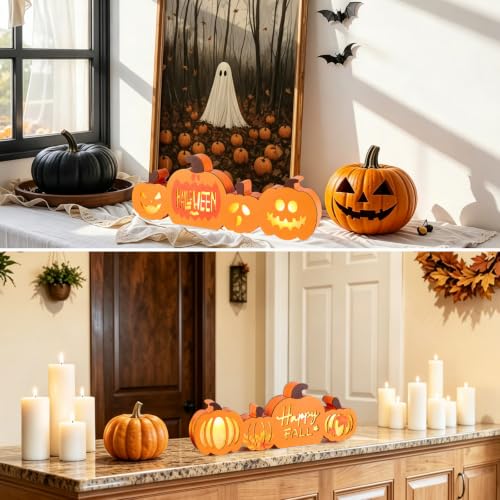 Reversible Wooden Halloween & Fall Pumpkin Decor with Warm LED Light