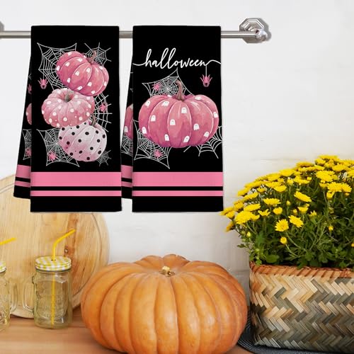 Halloween Kitchen Towels Set of 2 Pink Pumpkin and Spider Web Design - Creative Gift for Halloween