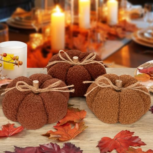 6-Inch Fall Pumpkin Decorations Set of 3 Brown Fabric Pumpkins - Rustic Home Decor