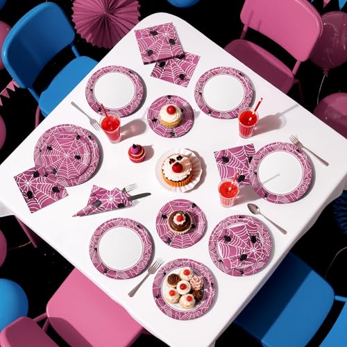 Pink Halloween Party Decorations Set - Spiderweb Plates & Napkins, 75 Pcs - Variation of Pink