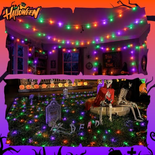Halloween String Lights Outdoor Waterproof 66ft 200 LED Dual-Color with 8 Modes & Timer - Purple, Orange, Green